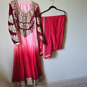 Embroidered Ombre Anarkali Dress with Dupatta - Pink & Red